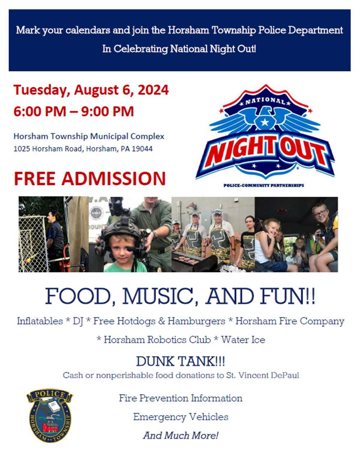 Horsham Township National Night Out, Tuesday, August 6 from 6PM-9PM